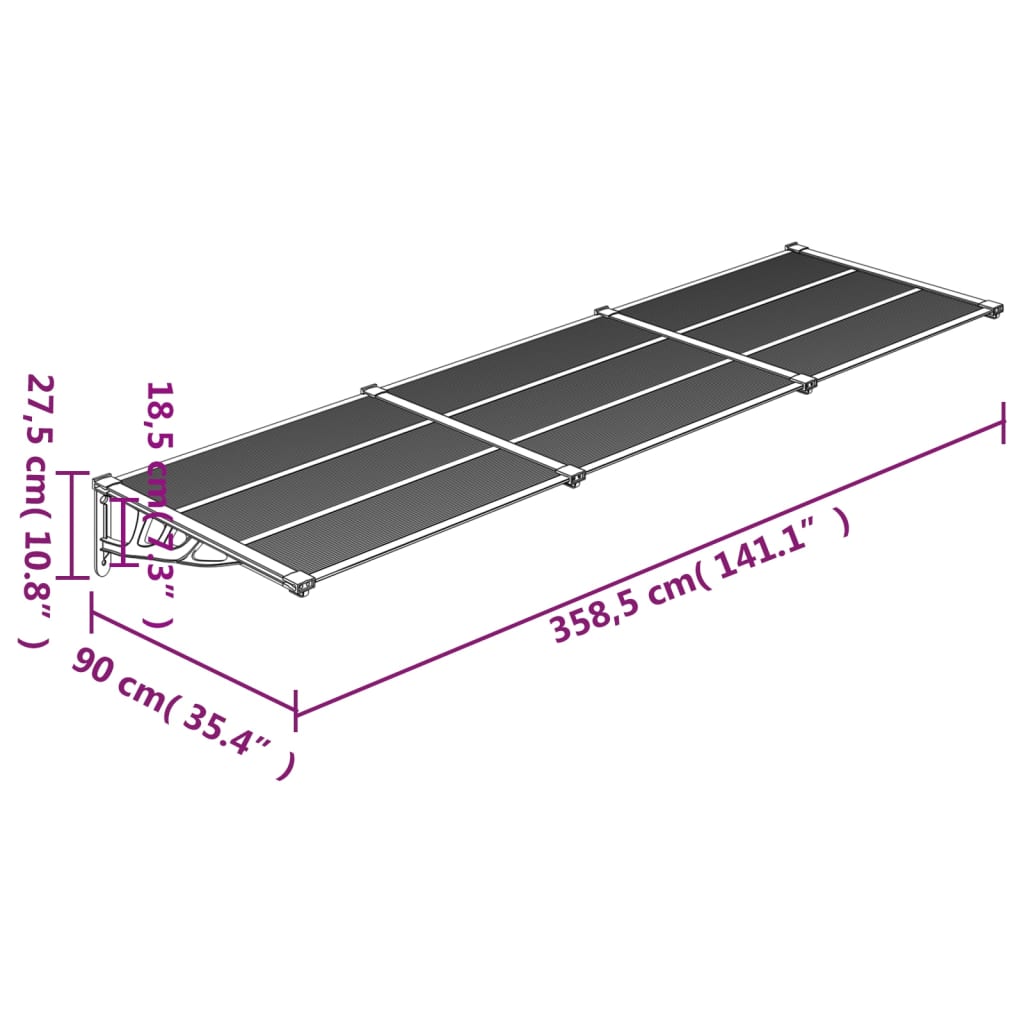 vidaXL Auvent de porte Noir 358,5x90 cm Polycarbonate