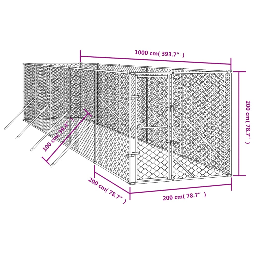 vidaXL Chenil d'extérieur pour chiens argenté 2x10x2 m acier galvanisé