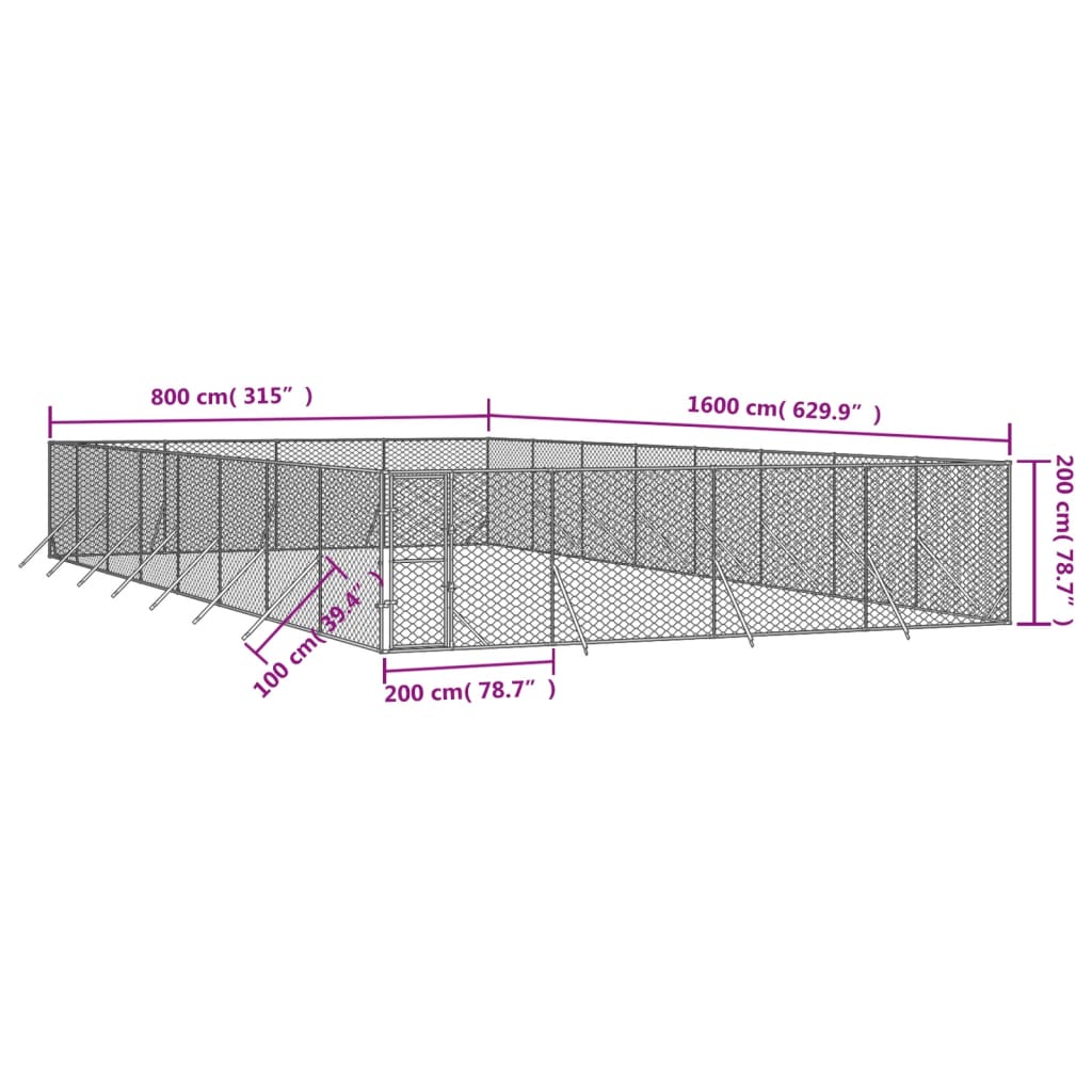 vidaXL Chenil d'extérieur pour chiens argenté 8x16x2 m acier galvanisé