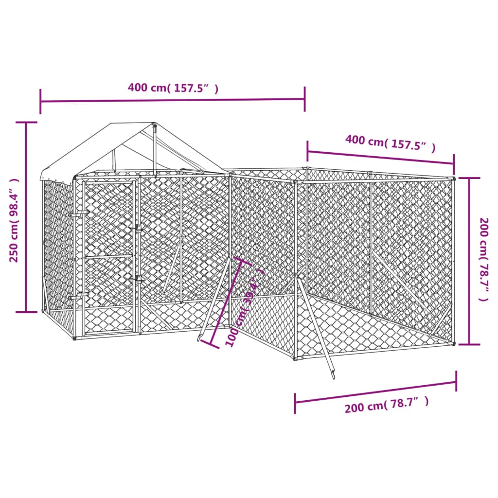 vidaXL Chenil d'extérieur pour chiens avec toit argenté 4x4x2,5 m