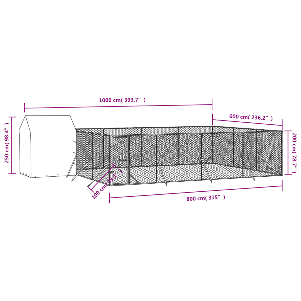 vidaXL Chenil d'extérieur pour chiens avec toit argenté 10x6x2,5 m