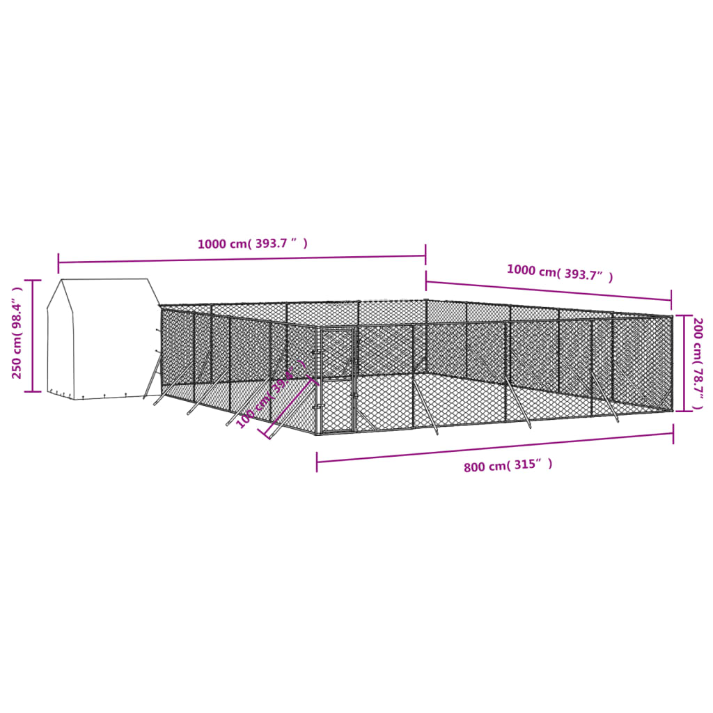 vidaXL Chenil d'extérieur pour chiens avec toit argenté 10x10x2,5 m