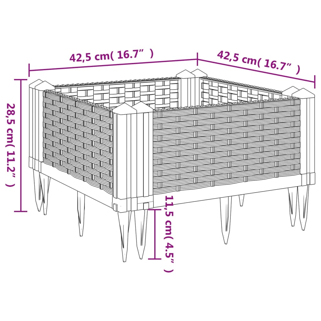 vidaXL Jardinière avec piquets gris 42,5x42,5x28,5 cm PP