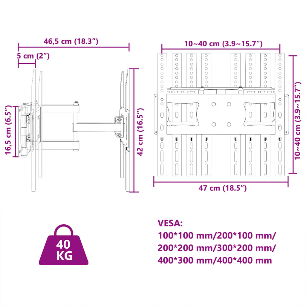 vidaXL Support TV mural pour écran 26-70 pouces max VESA 400x400 mm