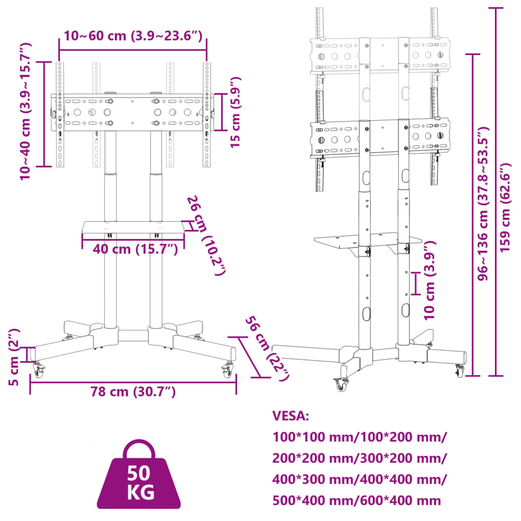 vidaXL Meuble TV sur roulettes pour écran 32-70 pouces max VESA