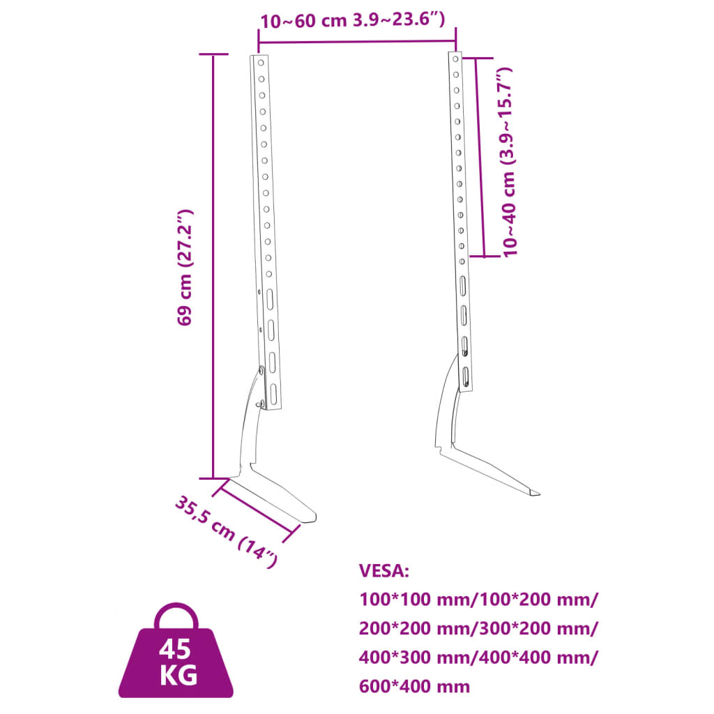 vidaXL Support TV 2 pcs pour écran 37-75 pouces max VESA 600x400 mm