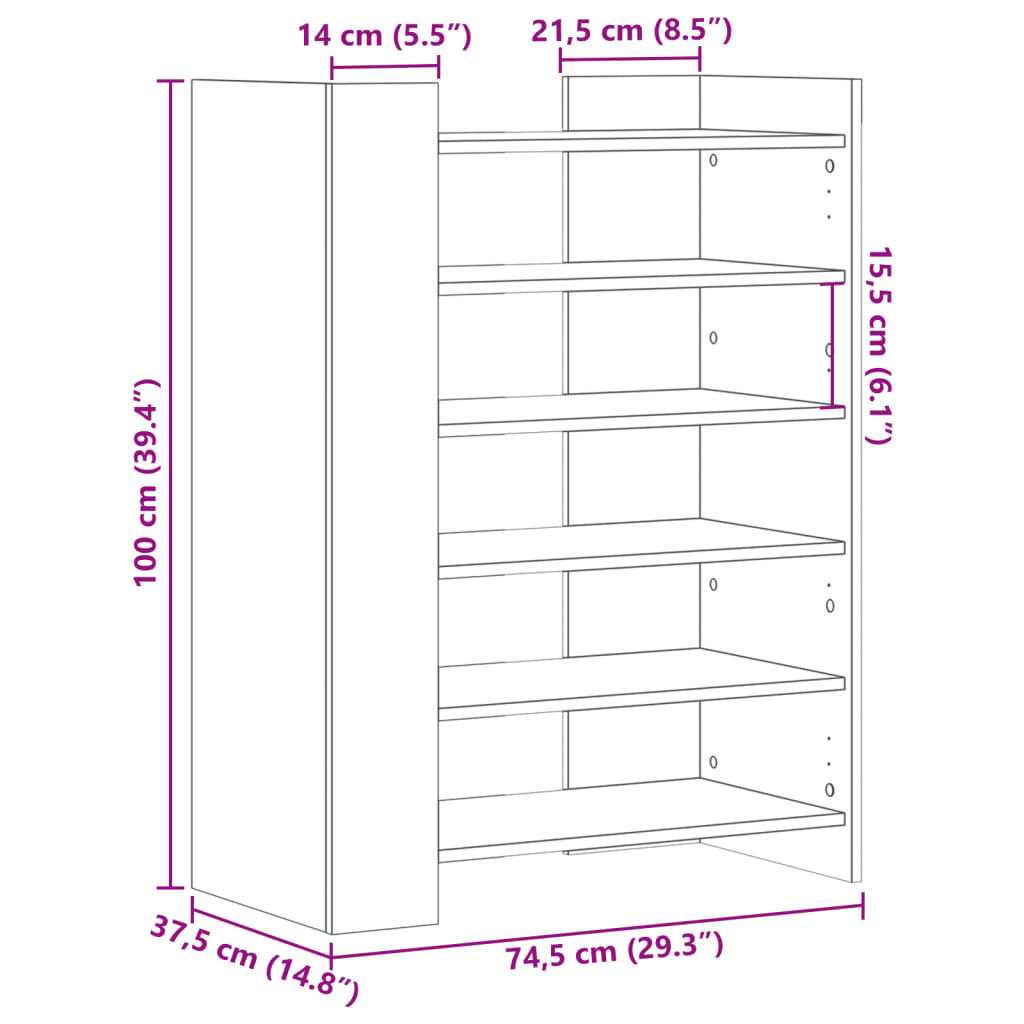 vidaXL Armoire à chaussures gris béton 74,5x37,5x100 cm