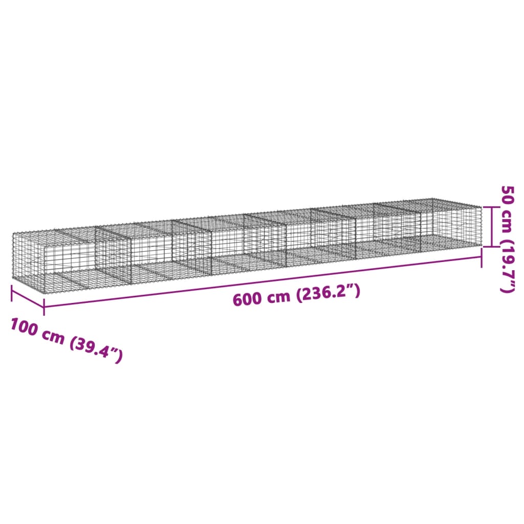 vidaXL Panier gabion avec couvercle 600x100x50 cm fer galvanisé