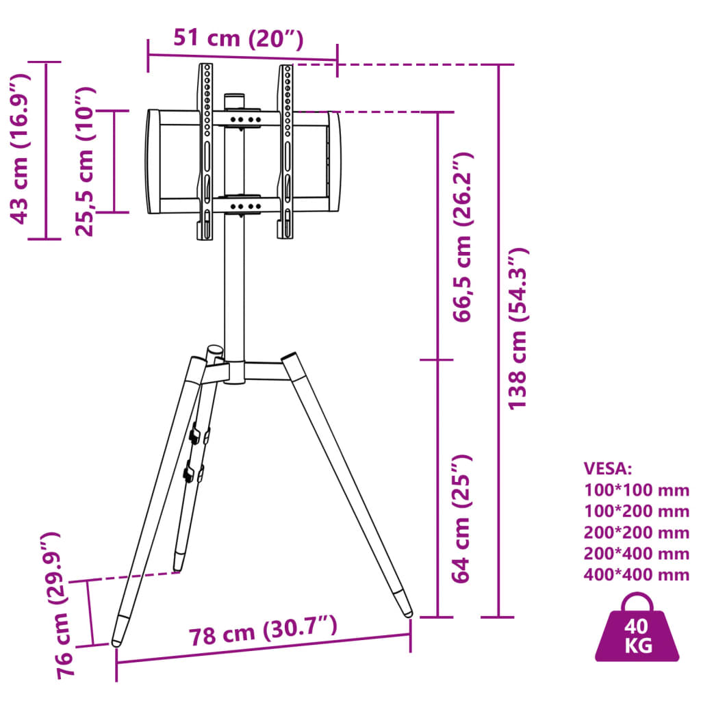 vidaXL Support TV à trépied pour écran 37-65" max VESA 400x400mm 40 kg
