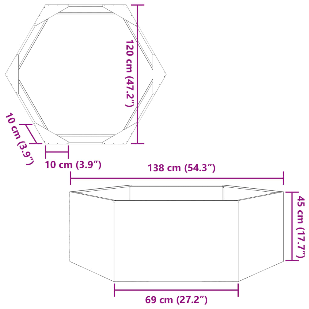 vidaXL Jardinière hexagone 138x120x45 cm acier galvanisé
