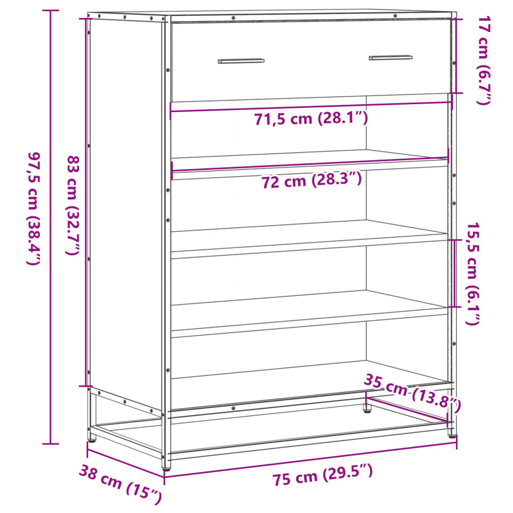 vidaXL Meuble à chaussures noir 75x38x97,5 cm bois d'ingénierie métal