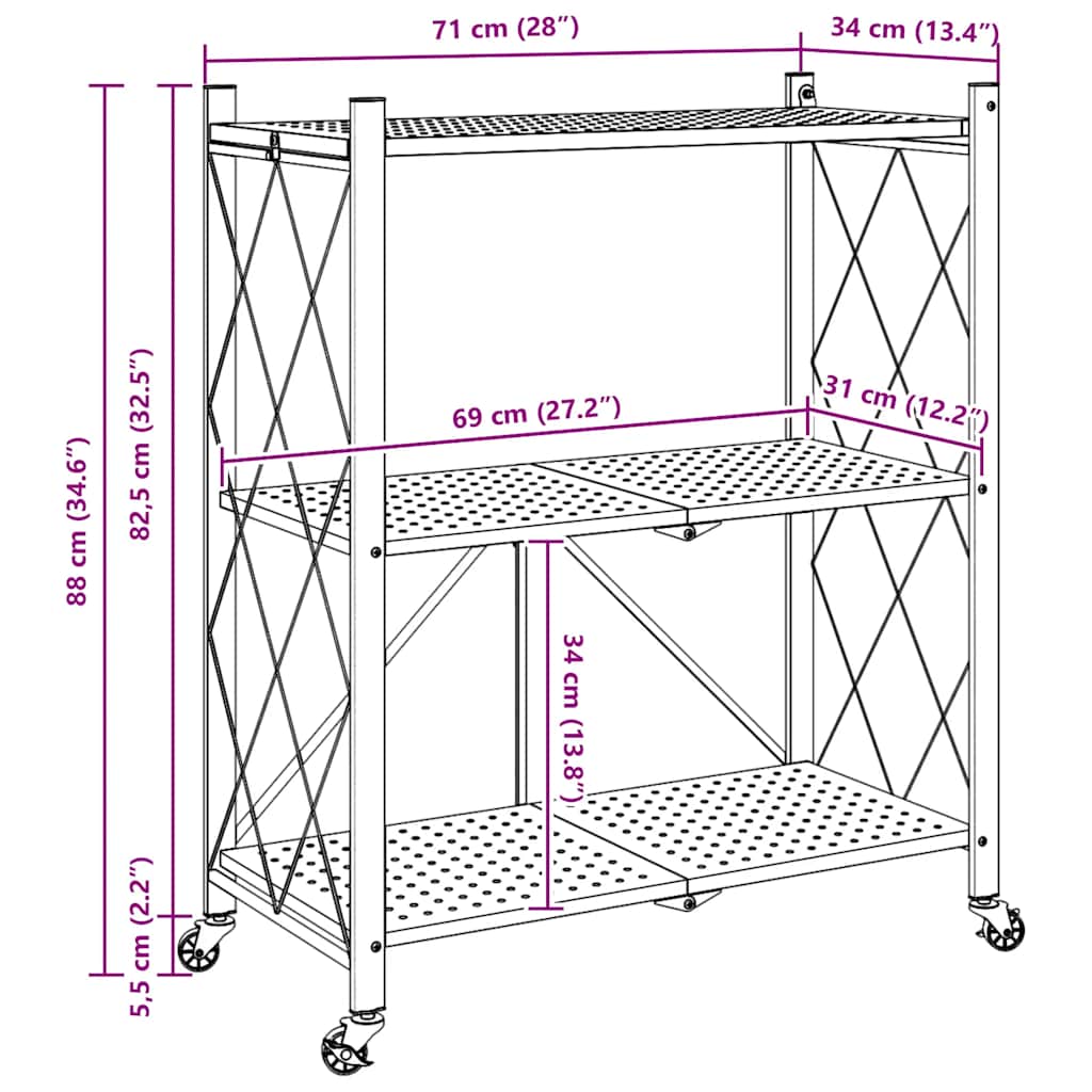 VidaXL Étagère de rangement sur roulettes noir 71x34x88 cm acier