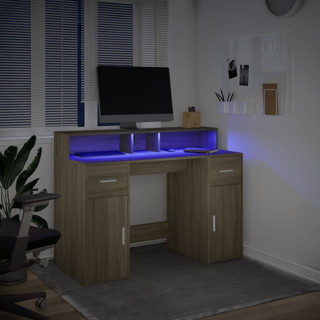 vidaXL Bureau avec lumières LED chêne sonoma bois d'ingénierie