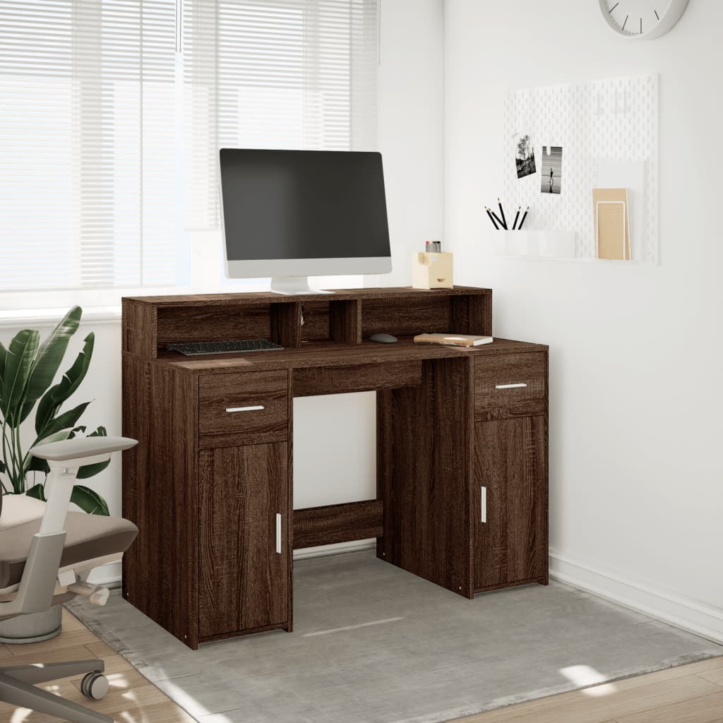 vidaXL Bureau et lumières LED chêne marron bois d'ingénierie