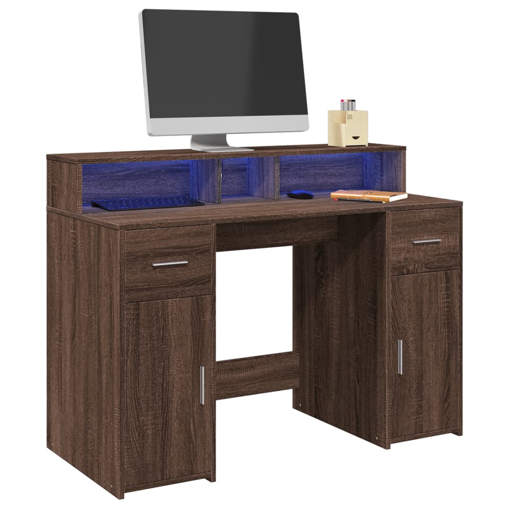 vidaXL Bureau et lumières LED chêne marron bois d'ingénierie