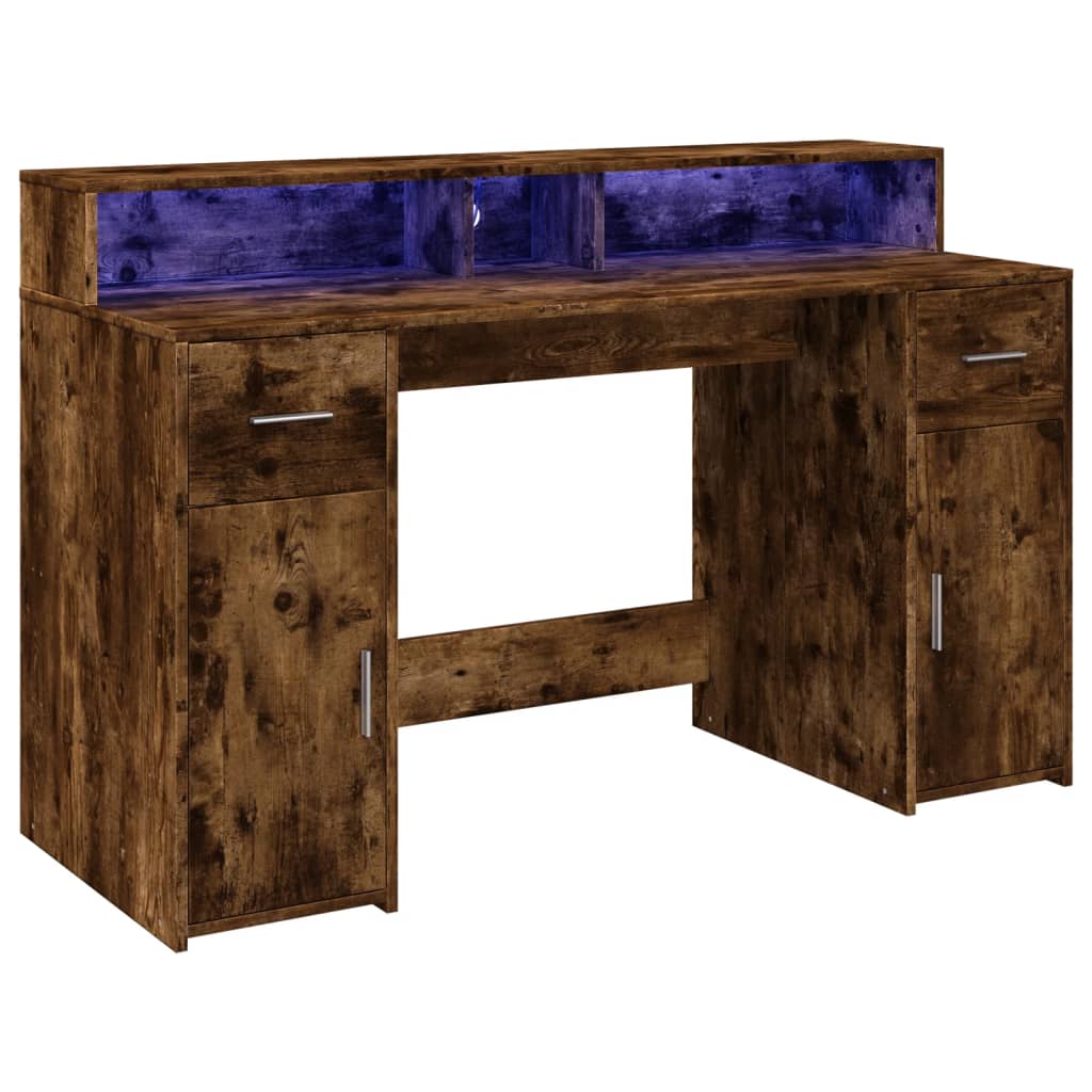 vidaXL Bureau et lumières LED chêne fumé 140x55x91cm bois d'ingénierie