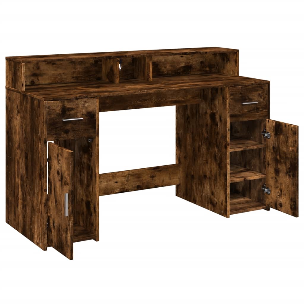 vidaXL Bureau et lumières LED chêne fumé 140x55x91cm bois d'ingénierie