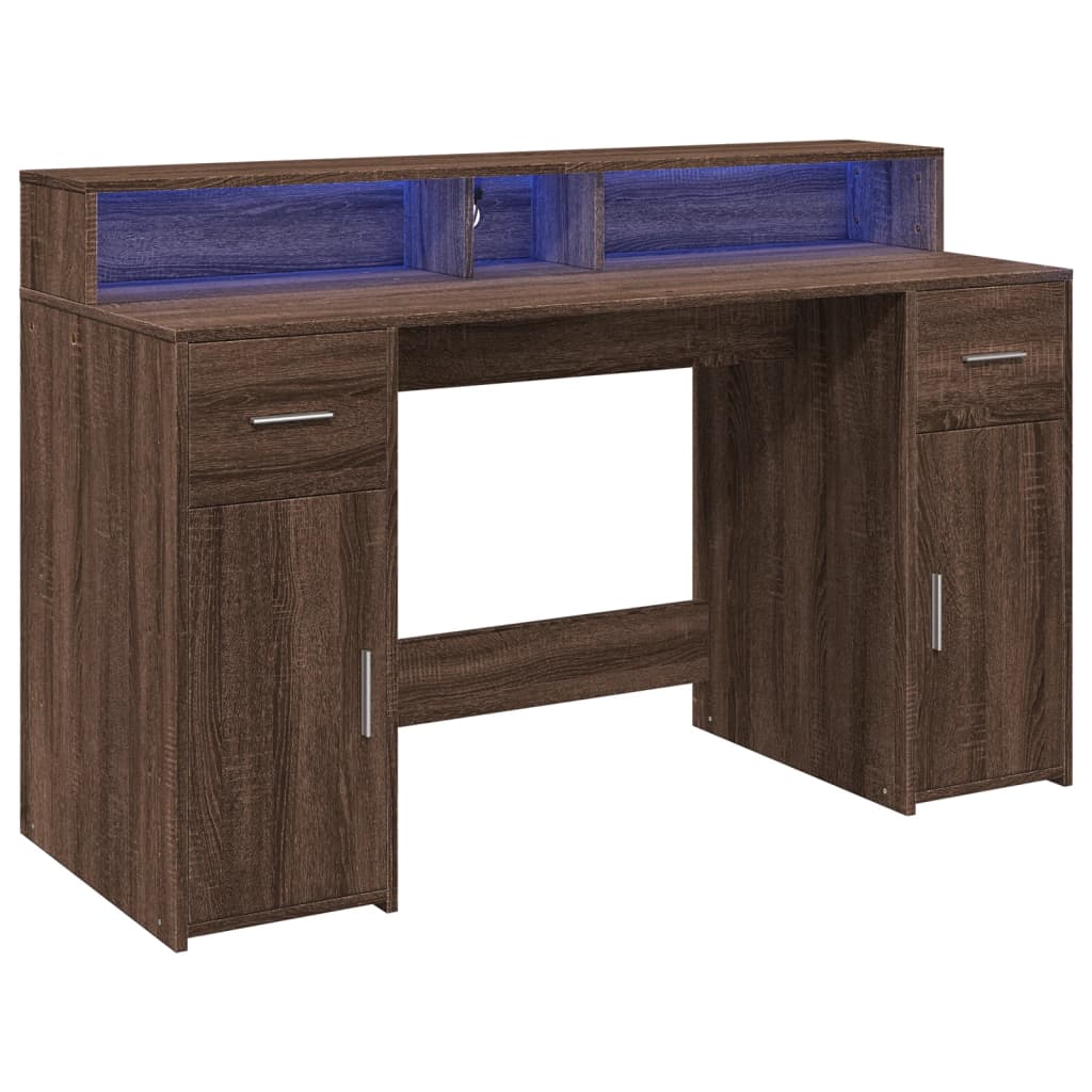vidaXL Bureau et lumières LED chêne marron bois d'ingénierie