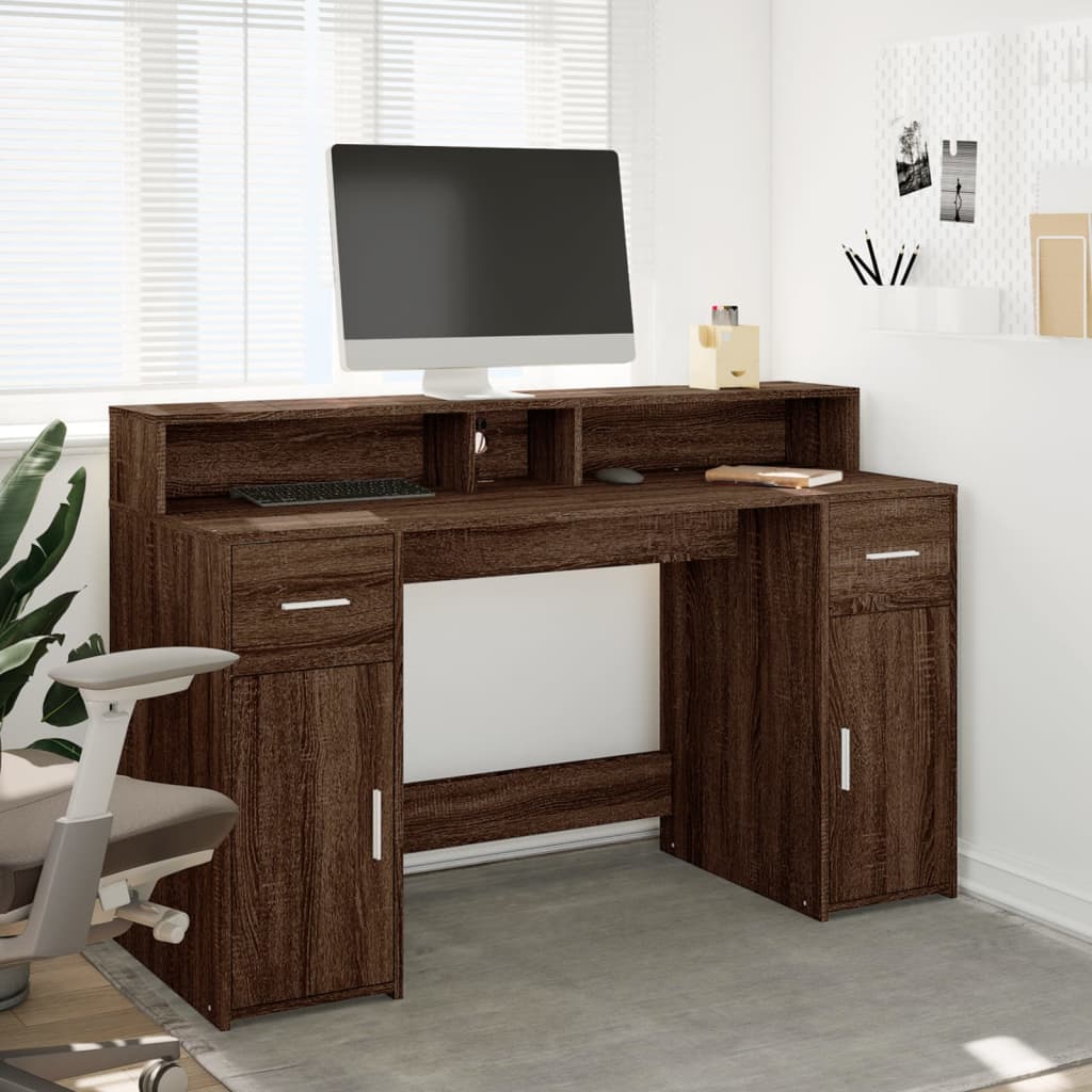 vidaXL Bureau et lumières LED chêne marron bois d'ingénierie