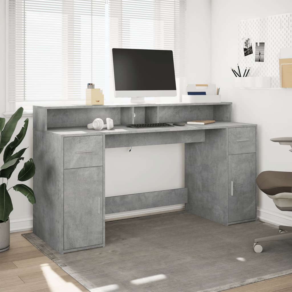 vidaXL Bureau et lumières LED gris béton 160x55x91cm bois d'ingénierie