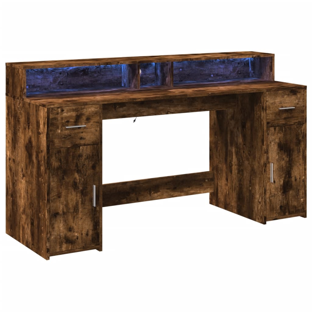 vidaXL Bureau et lumières LED chêne fumé 160x55x91cm bois d'ingénierie