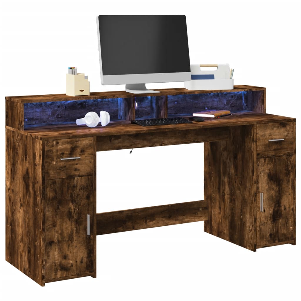 vidaXL Bureau et lumières LED chêne fumé 160x55x91cm bois d'ingénierie
