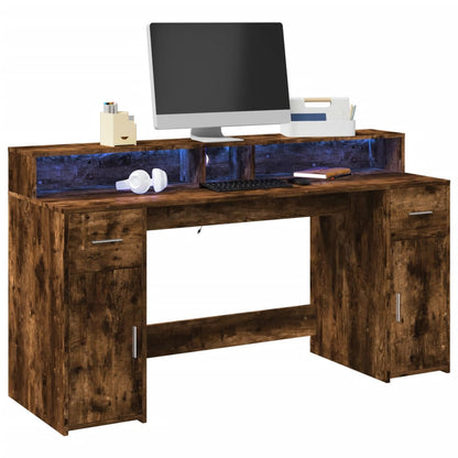 vidaXL Bureau et lumières LED chêne fumé 160x55x91cm bois d'ingénierie