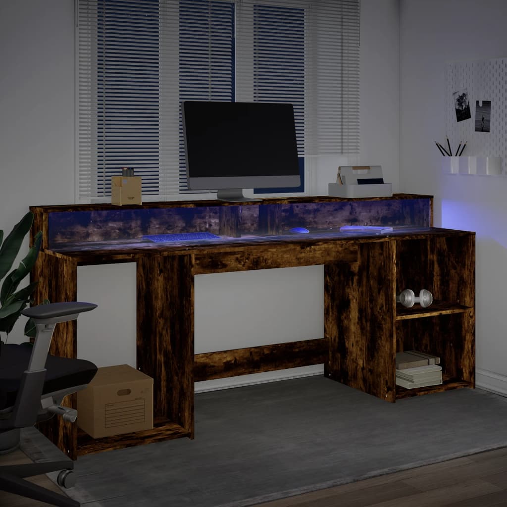 vidaXL Bureau et lumières LED chêne fumé 200x55x91cm bois d'ingénierie