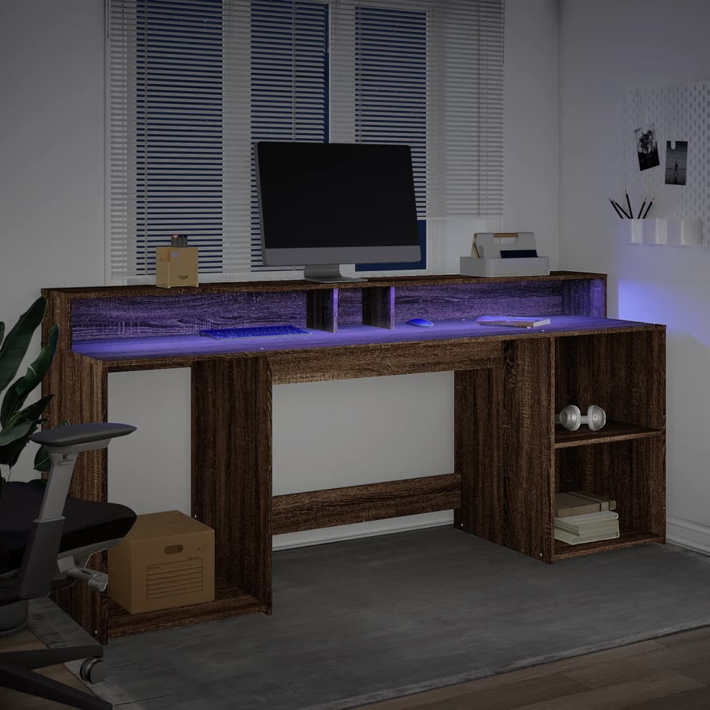 vidaXL Bureau et lumières LED chêne marron bois d'ingénierie