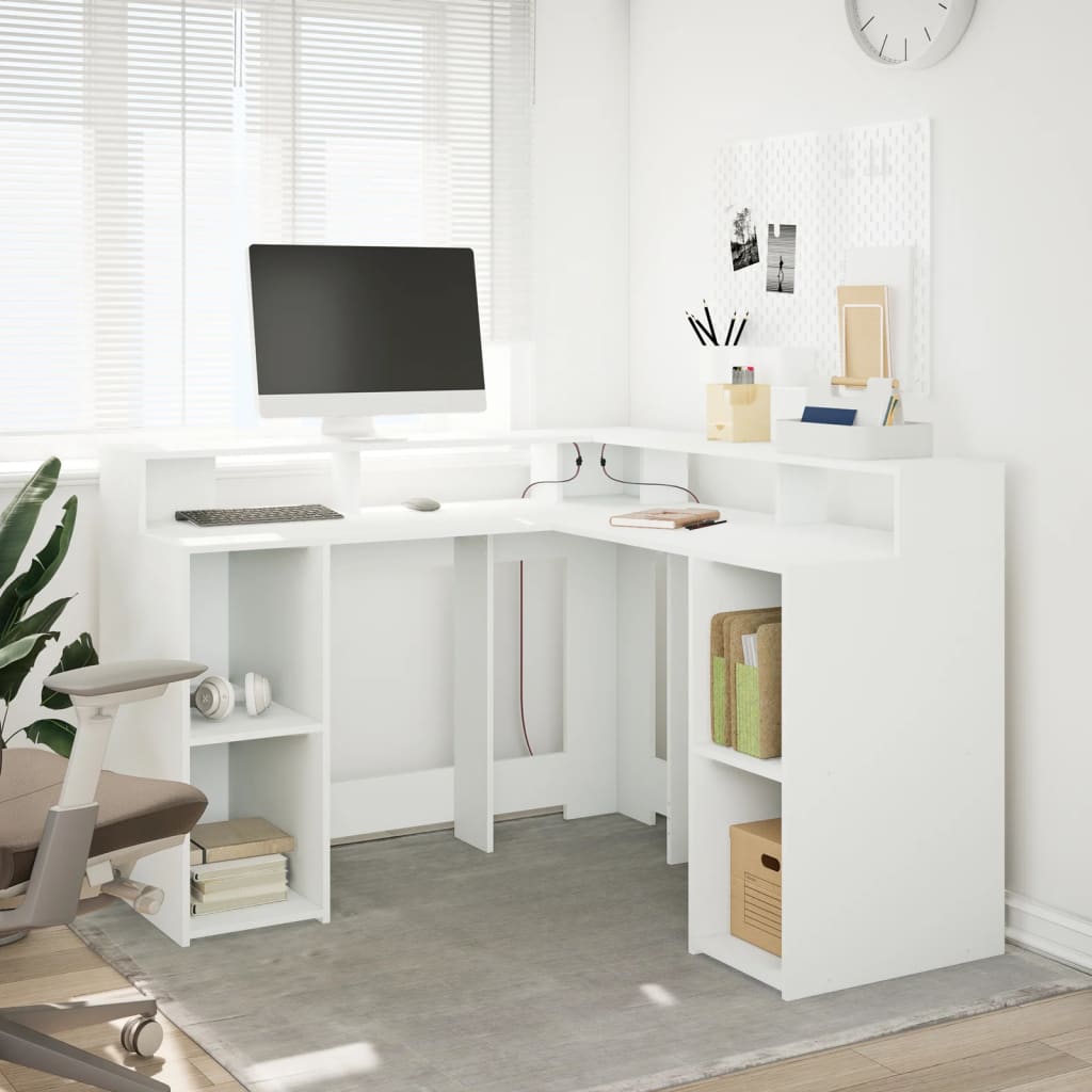 vidaXL Bureau avec lumières LED blanc 130x130x91 cm bois d'ingénierie