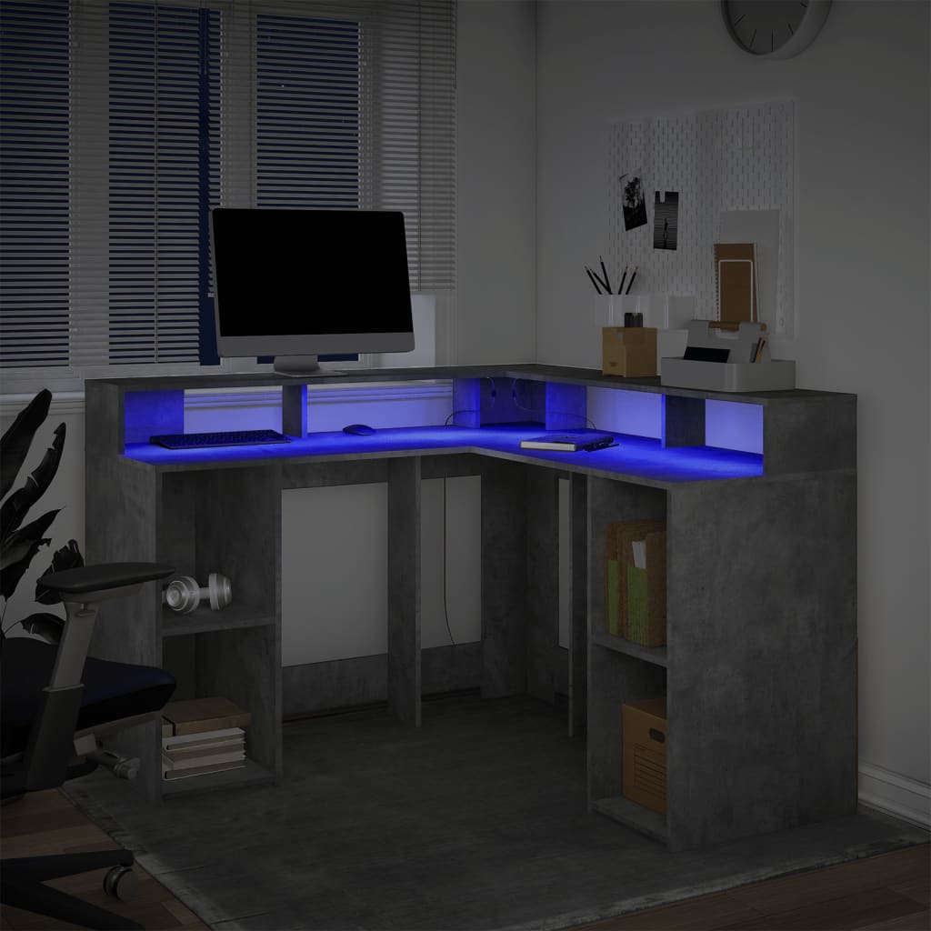 vidaXL Bureau et lumières LED gris béton 130x130x91cm bois ingénierie