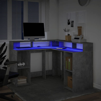 vidaXL Bureau et lumières LED gris béton 130x130x91cm bois ingénierie