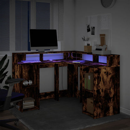 vidaXL Bureau et lumières LED chêne fumé 130x130x91cm bois ingénierie
