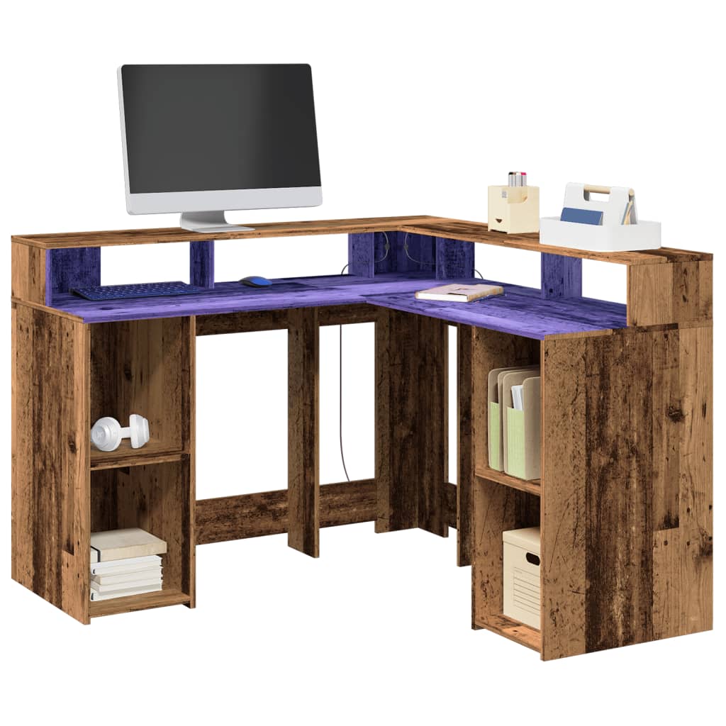 vidaXL Bureau avec lumières LED vieux bois bois d'ingénierie