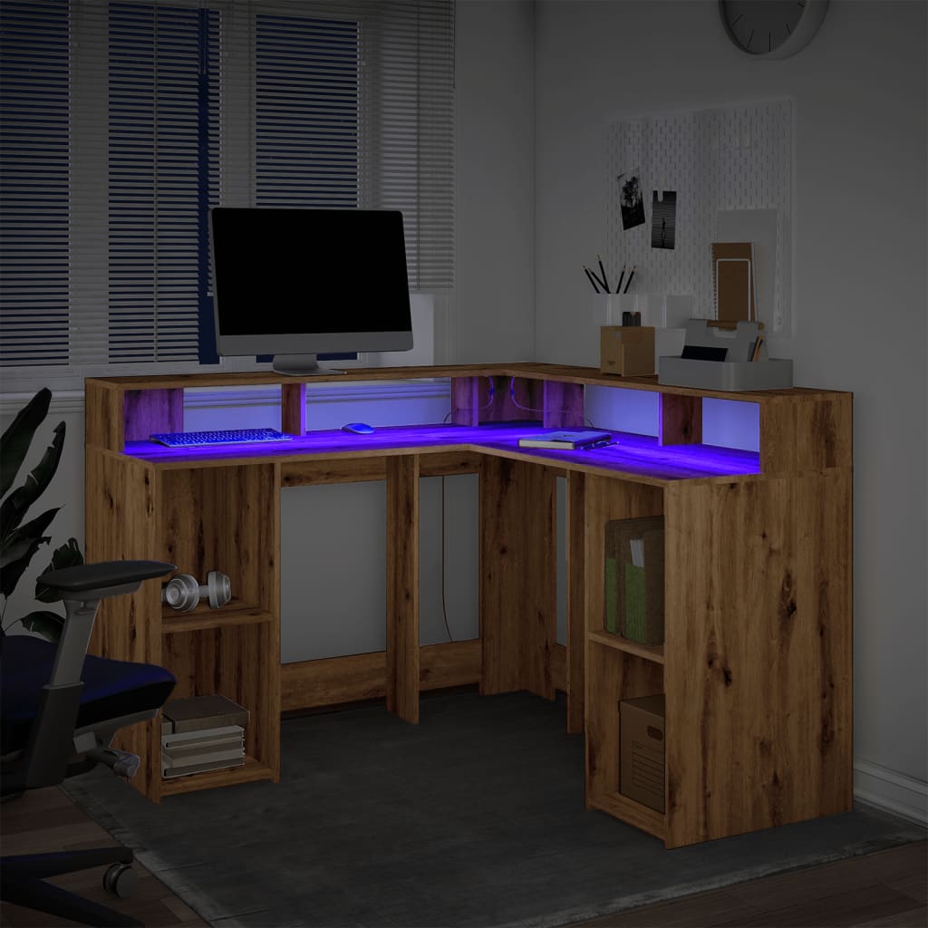 vidaXL Bureau avec lumières LED chêne artisanal bois d'ingénierie