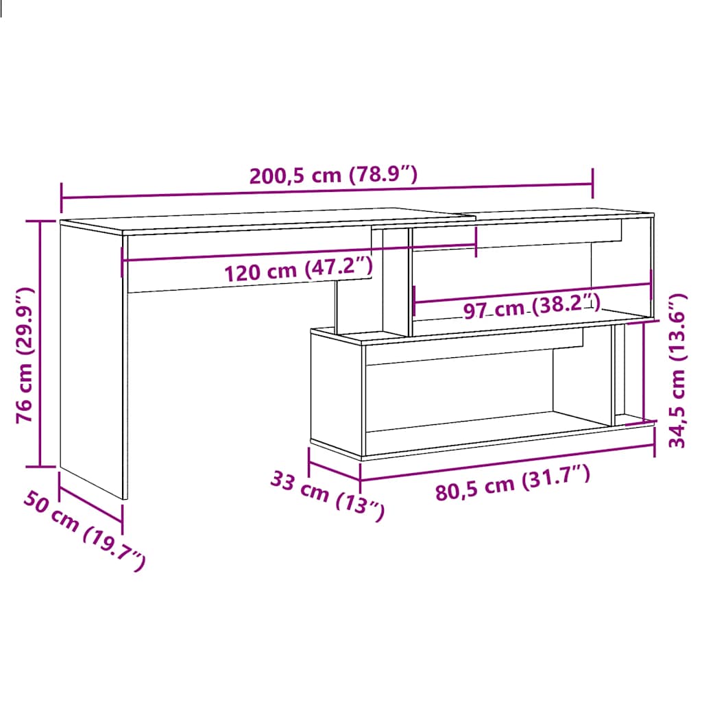 vidaXL Bureau d'angle vieux bois 200,5x50x76 cm bois d'ingénierie