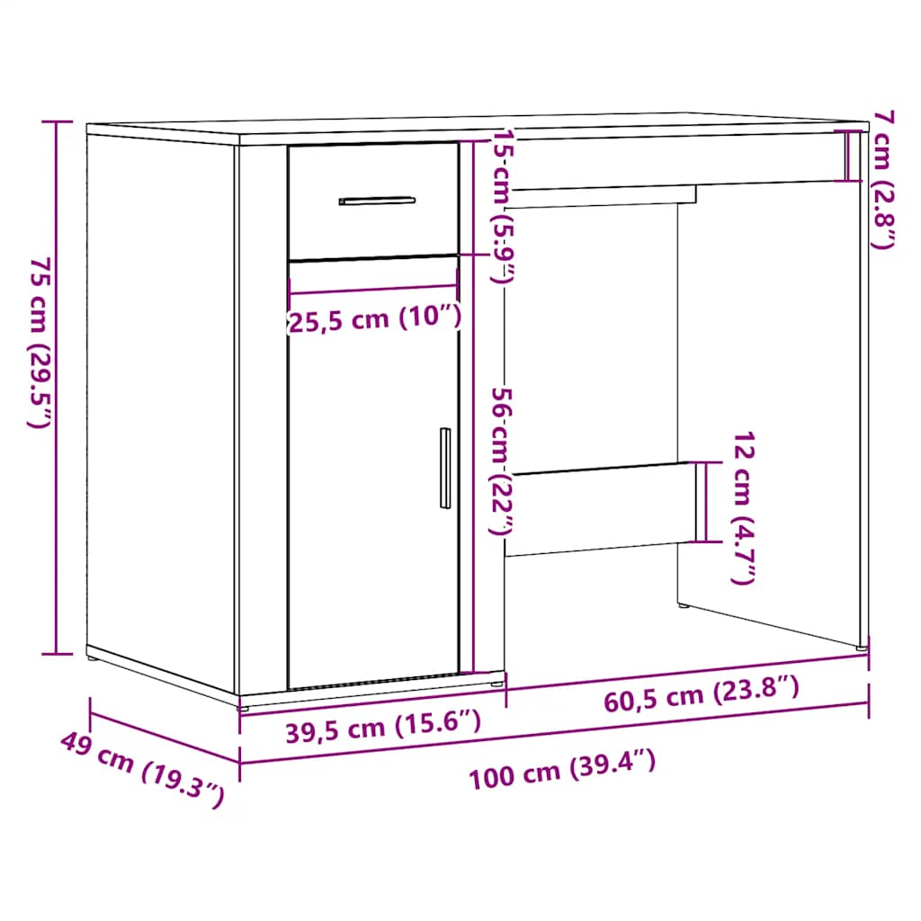 vidaXL Bureau chêne artisanal 100x49x75 cm bois d'ingénierie