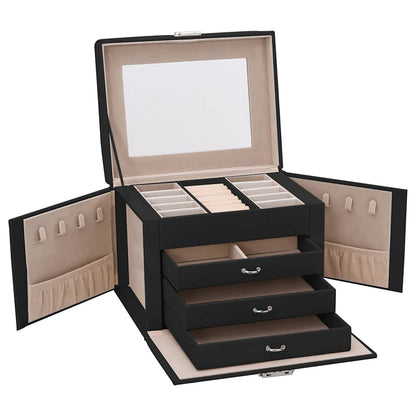 vidaXL Boîte à bijoux 4 niveaux miroir verrouillable noir