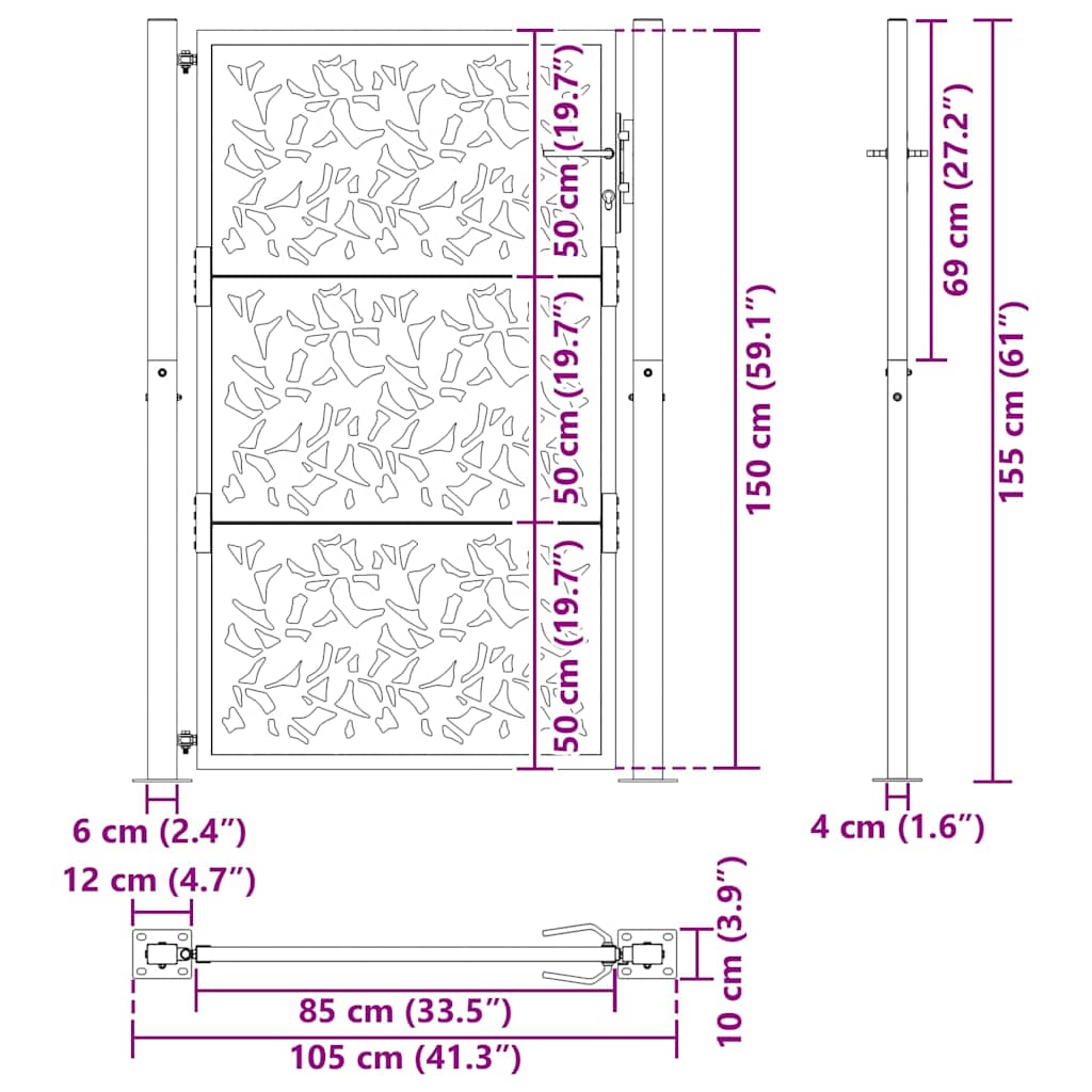 vidaXL Portail de jardin noir 105x155 cm acier conception de feuilles