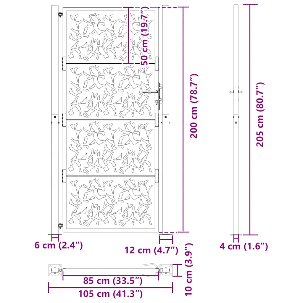 vidaXL Portail de jardin noir 105x205 cm acier conception de feuilles