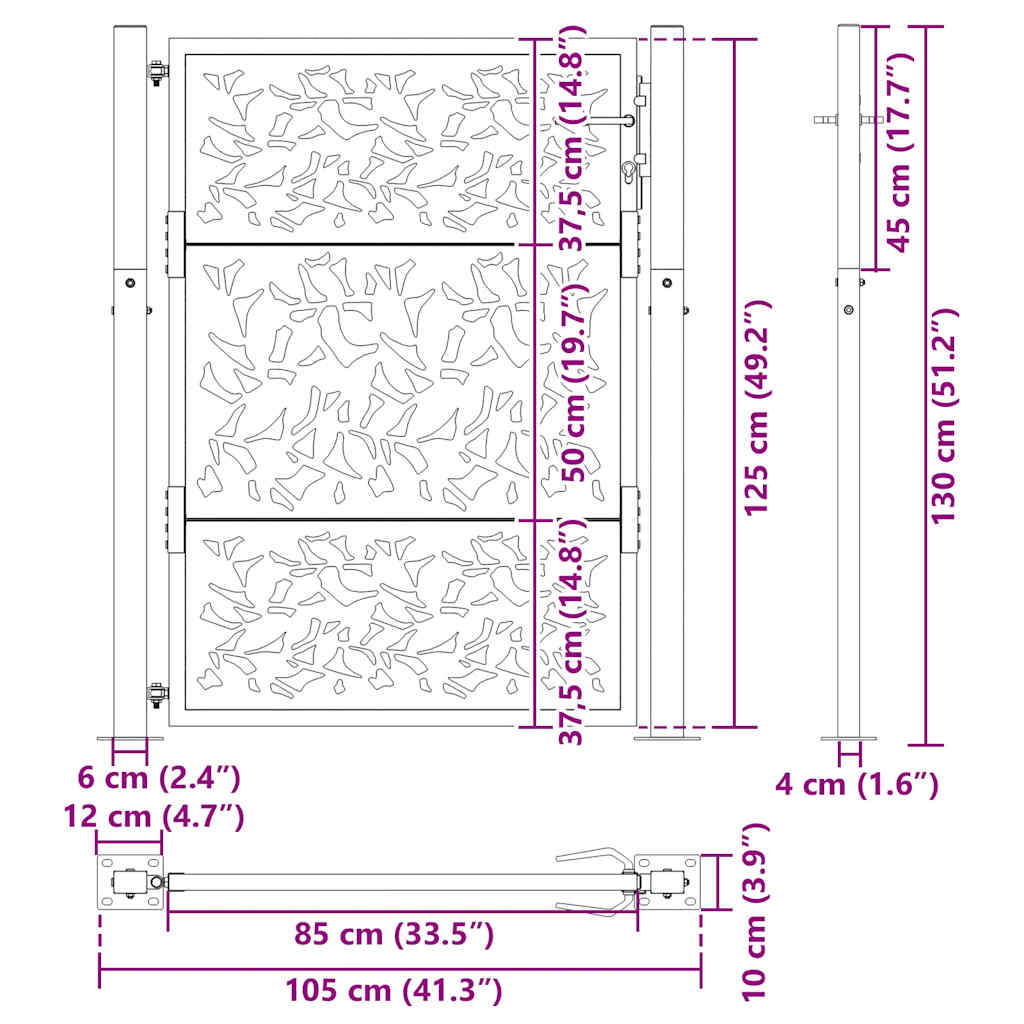 vidaXL Porte de jardin acier résistant aux intempéries design feuilles