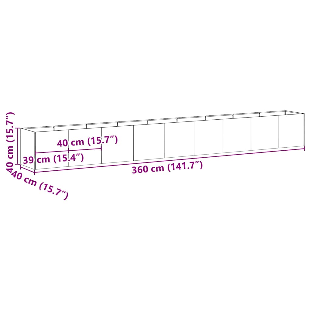 vidaXL Jardinière rouillé 360x40x40 cm acier inoxydable