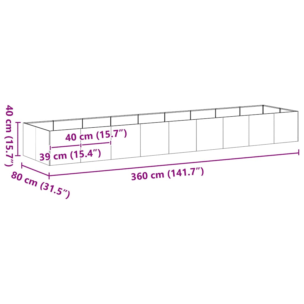 vidaXL Jardinière rouillé 360x80x40 cm acier inoxydable