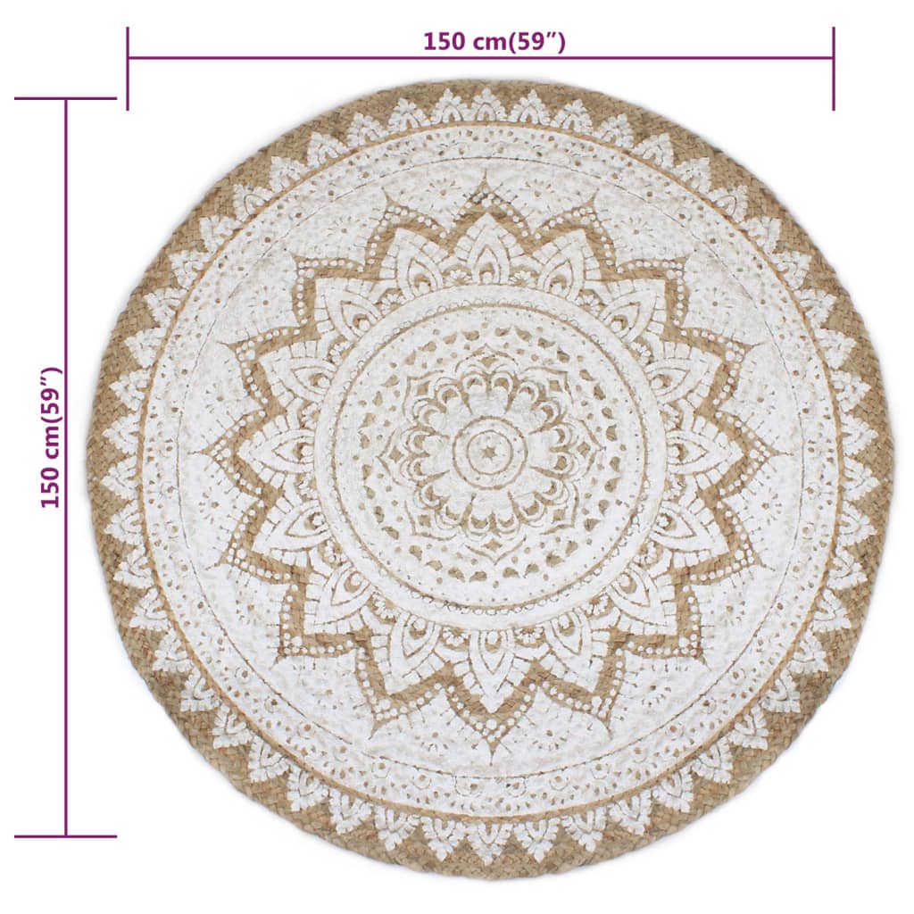vidaXL Tapis Jute tressé imprimé 150 cm rond