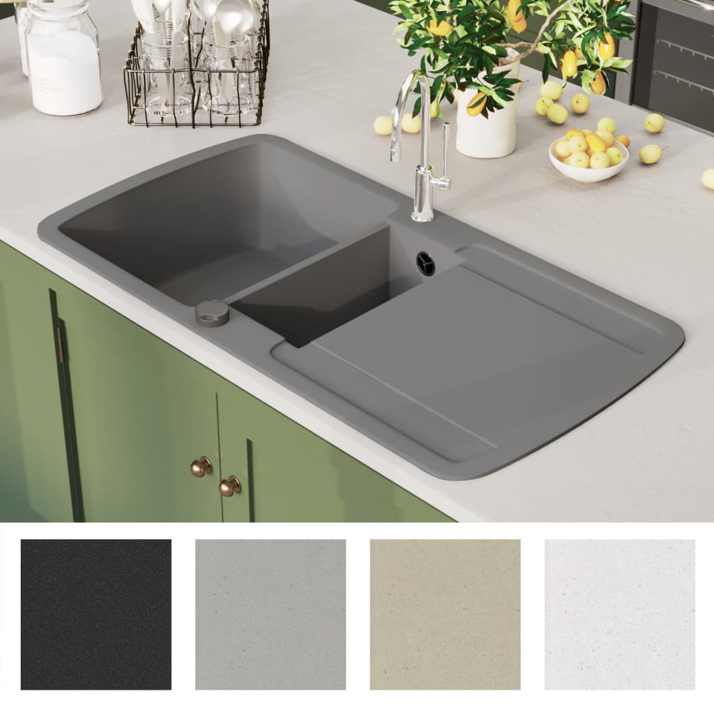vidaXL Évier de cuisine en granit Double bac Gris