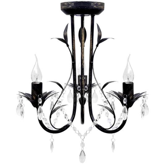 Lustre métal noir style art nouveau + perles crystal 3 x E14 Ampoules