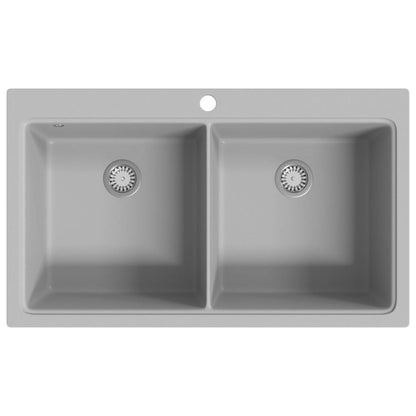 Évier de cuisine encastrable à 2 bacs en granite blanc gris