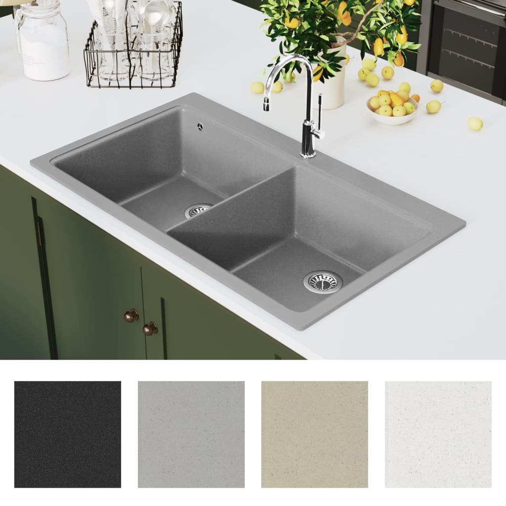 Évier de cuisine encastrable à 2 bacs en granite blanc gris