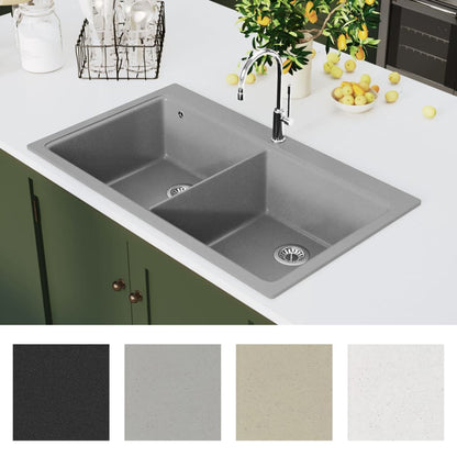 Évier de cuisine encastrable à 2 bacs en granite blanc gris