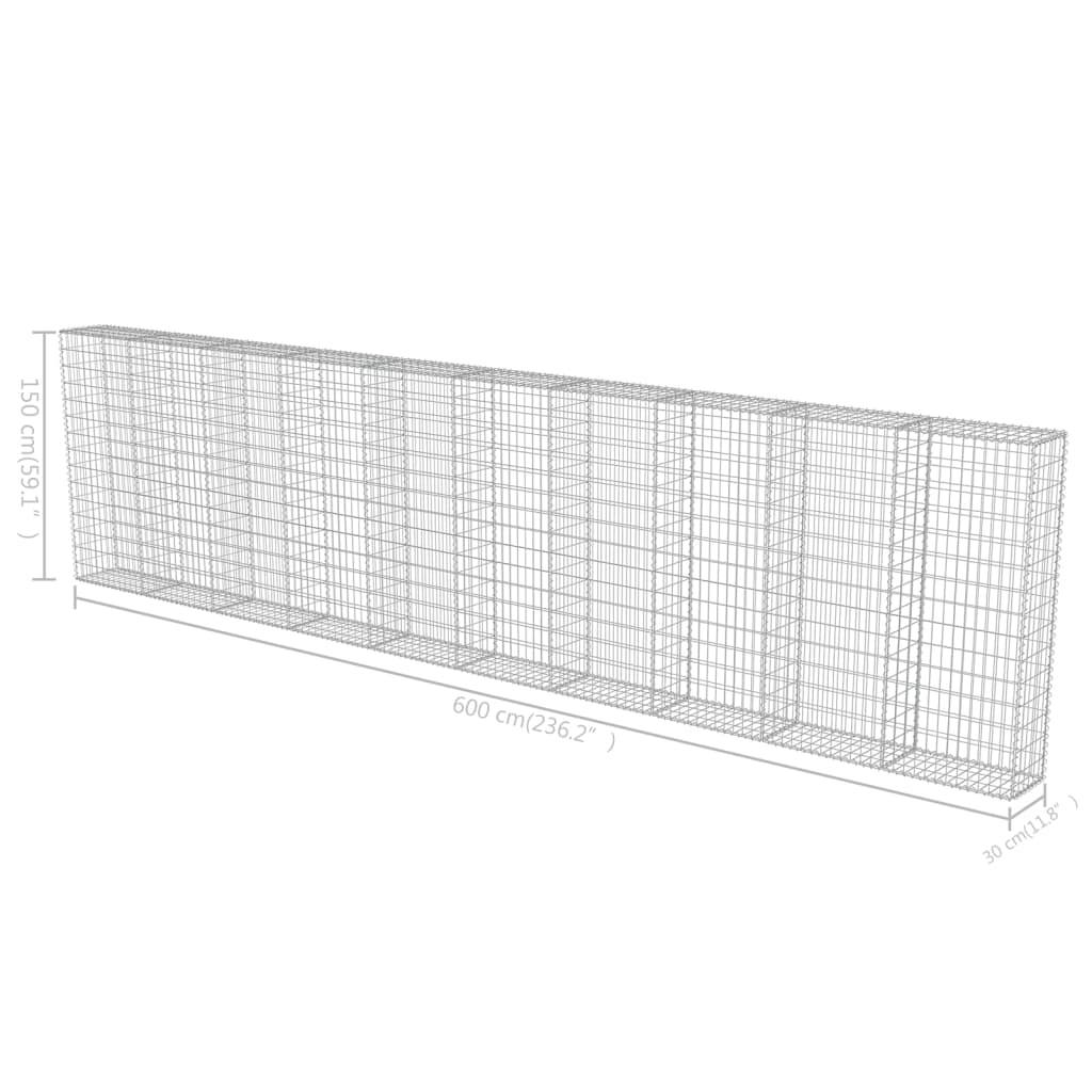 vidaXL Mur à gabion avec couvercles Acier galvanisé 600 x 30 x 150 cm
